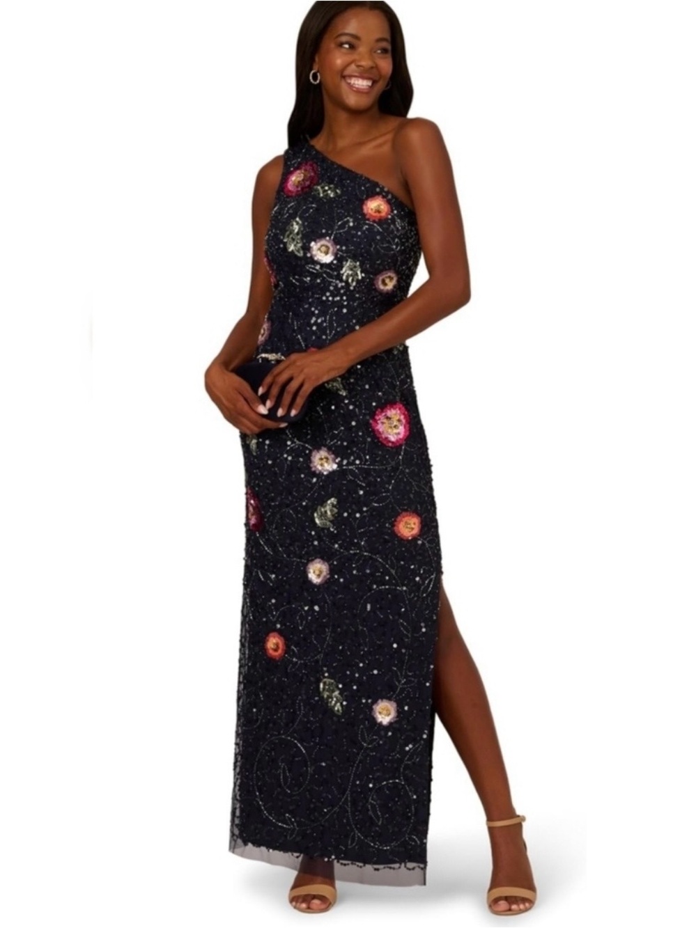 Adrianna Papell One Shoulder Navy Beaded Maxi Dress Size 6 Floral Formal Party